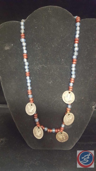 Antique Beaded Necklace with Standing Liberty Quarters, Antique Beaded Native Necklace {{BROKEN