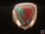 Henry T Morris* Natural Coral, Turquoise and Silver Cuff Bracelet Hallmarked 'HTM Sterling' Circa