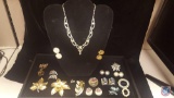 Rhinestone Costume Jewelry necklace, Gold Colored Vintage Pins, Rhinestone Brooches, Vintage Clip On
