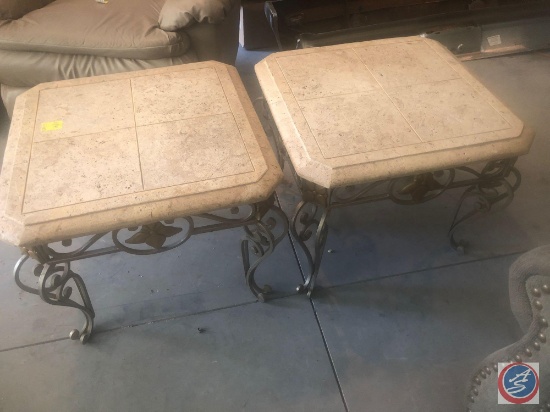 (2) Iron Fossil Stone Side Tables 36" x 36" x 21"
