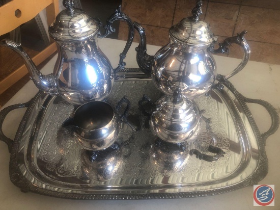 Silver Platter marked FB Rogers Silver Co 7738X, Silver Coffee Pot Marked 1883 FB Rogers Silver Co.