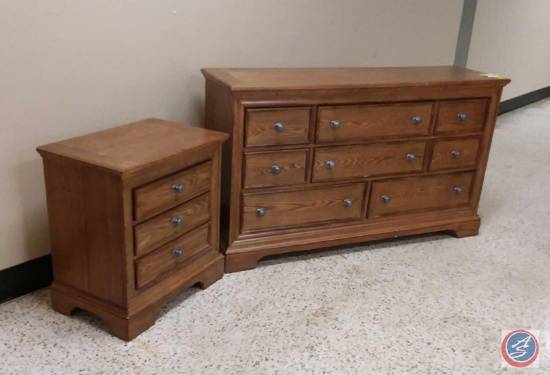 {{2X$BID}} Eight Drawer Oak Dresser 62" x 18" x 36", Oak Night Stand 26" x 17" x 28"