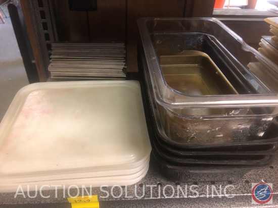 (25) Stainless Steel Brackets,(4) Rubbermaid Square Lids No. 6509, (4) Hard Plastic Condiment Trays,