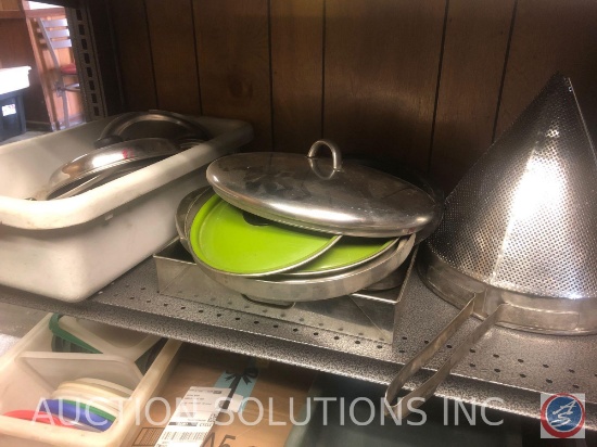 Assorted Pot and Pan Lids {{LIDS ONLY, NO POTS OR PANS IN THIS LOT}} 12" Cap Strainer {{BENT and TIP