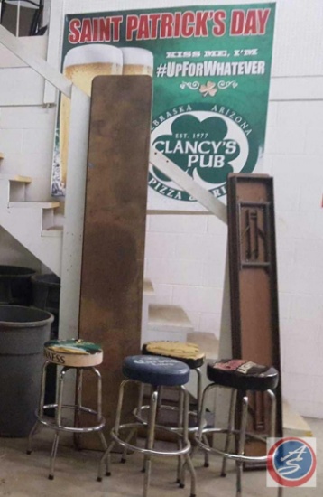 Clancy's Pub St. Patrick's Day Wall Banner; [4] Chrome Base Bar Stools; and [2] Folding Benches (One