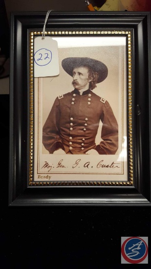 Reprint: US Army Major General George A Custer Photo Post Card. The frame measures 5 9/16 wide by 7