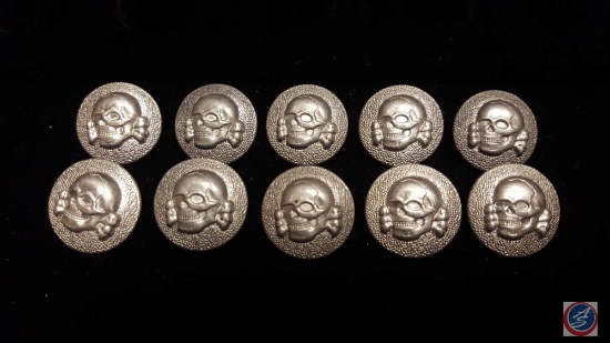 (10) German World War II Waffen SS Totenkopf Skull Uniform Buttons. They measure 7/8 in diameter.