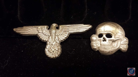 German WWII Waffen SS Officers Visor Cap Eagle & Skull. The reverse side is maker marked RZM M1/52.