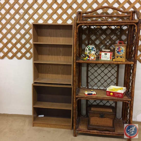 2 book cases, 1 rattan shelving unit (contents not included. Contents sold on separate lots)
