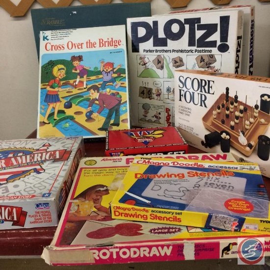 Vintage Games - Cross over the Bridge, Plotz, Score Four, Magna Doodle Drawing Stencils, Rotodraw,