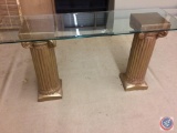 Sofa table with glass top and 2 plaster gold pillars (3 pieces). Upstairs, bring help to remove if