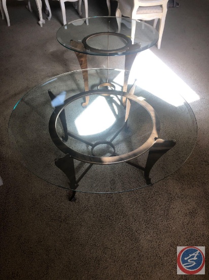 Circular Glass Coffee Table Measuring 38" X 16" and Circular Glass End Table Measuring 28" X 22"