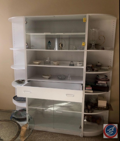 White Glass Cabinet Measuring 64" X 21" X 73" {{CONTENTS SOLD SEPARATELY}}