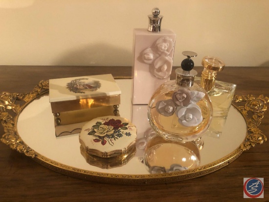 Assorted Perfumes Including Valentina and Bvlgari, Assorted Rosary's, Beaded Lip Stick Case,