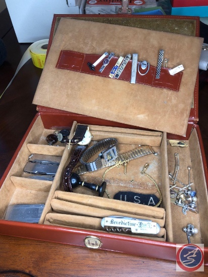 Jewelry Box Including Assorted Pocket Knives, Dewar's Pride Watch, Quarts LCD Analog Watch, Assorted