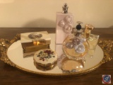 Assorted Perfumes Including Valentina and Bvlgari, Assorted Rosary's, Beaded Lip Stick Case,