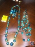 Blue and Green Shimmery Necklace with Matching Clip on Earrings Marked Japan and Green and Silver