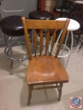 {{4X$BID}} (2) Brown Leather Stools by Richardson Seating Corp, White Metal Stool and Wooden Slat