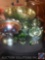 Vintage Emerald Iridescent Glass Punch Bowl with (6) Punch Cups, Vintage Green Carnival Glass Candy