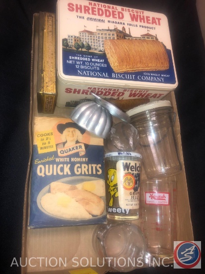 Box of Quaker Quick Grits, Jell-O Mold, Lipton's Orange Pekoe and Pekoe Tea Bags Tin (Empty),