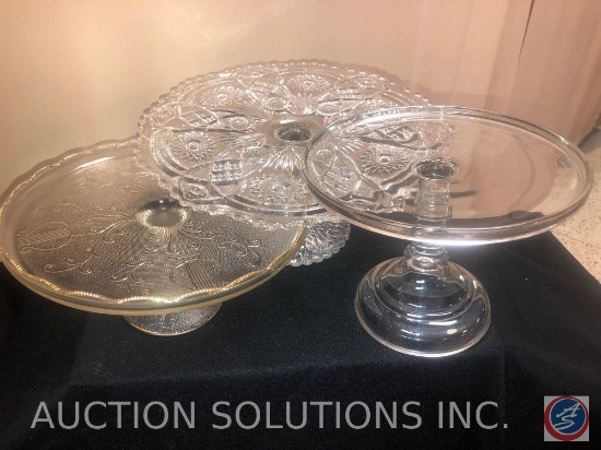 Gold Rimmed Cake Stand, Pressed Glass Cake Stand Stamped and Small Glass Cake Stand