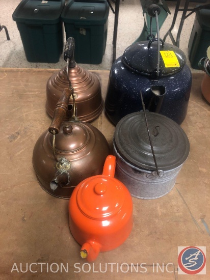 (2) Brass Tea Kettle Orange Porcelain Enamel Tea Pot, Speckle Ware Tea Kettle