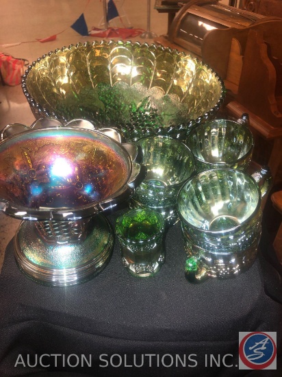 Vintage Emerald Iridescent Glass Punch Bowl with (6) Punch Cups, Vintage Green Carnival Glass Candy