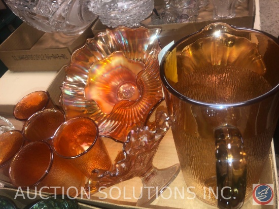 Vintage Orange Marigold Iridescent Pitcher and (5) Water Glasses, Orange Carnival Glass Candy Dish,