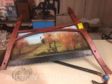 Antique Butter Churn Marked Patented Dec. 18, 1917, Vintage Buck Saw with Farm Scenery Painting