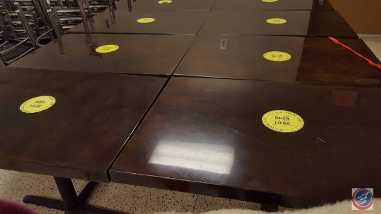 {{2X$BID}} (2) Metal Covered Wood Top 28 x 42 in. Pedestal Tables w/ Adhesive Sticker {SOLD 2x THE