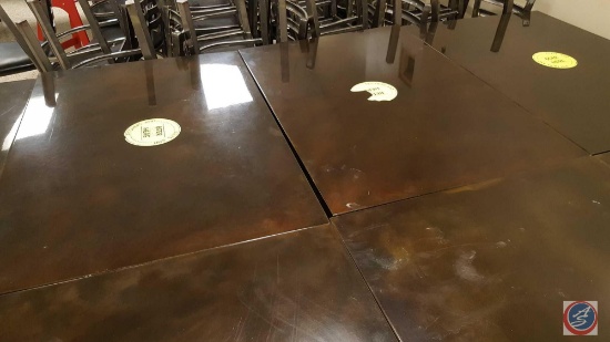 {{3X$BID}} (3) Metal Covered Wood Top 28 x 42 in. Pedestal Tables w/ Adhesive Sticker {SOLD 3x THE