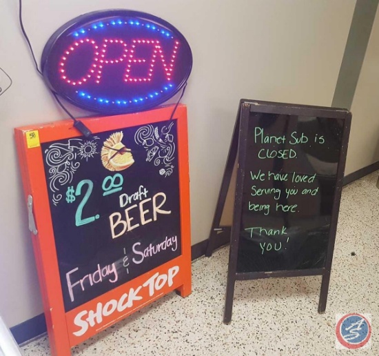 OnSale LED 'OPEN' Sign; (2) Sidewalk Sandwich Board Dry Erase Signs w/ Pens