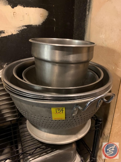Stainless Steel 9" Round Steam Table Insert, Assorted Large Mixing Bowls and Assorted Strainers