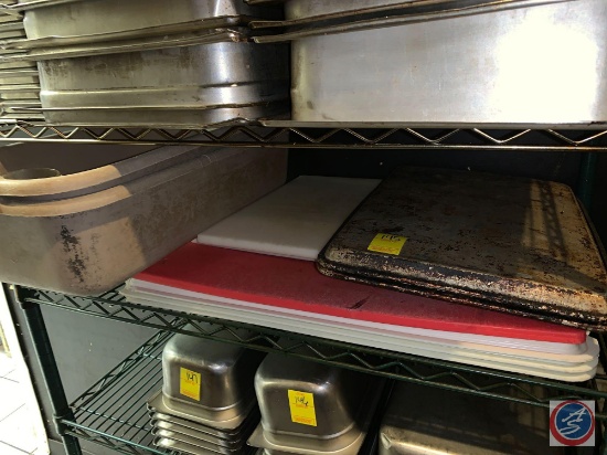 (2) Quarter Sheet Pans, (5) Cutting Boards in Assorted Sizes, and (2) Buss Tubs