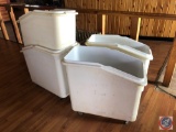 (3) Dry Ingredient Bins on Casters, (2) Glass Caddy's and (2) Dish Washer Caddy