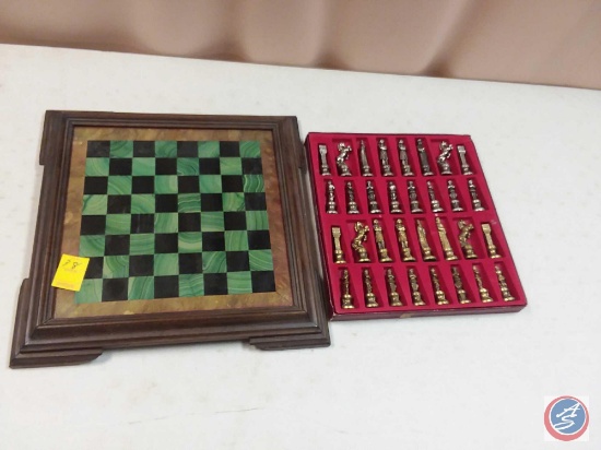 Top Shelf Executive Chess Board w/ Slver and Gold Tone Metal Player Pieces (One Piece is Broken)