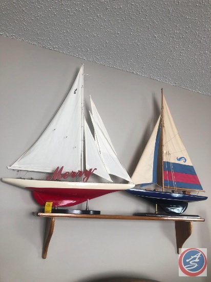 (2) Model Sale Boats Measuring 26" Long and 34" Tall with Floating Shelf Measuring 38" X 6 1/2"
