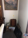 Framed Oil Painting Signed [[ILLEGIBLE]], TV Tray Set with Stand, Framed Photograph Marked Copyright