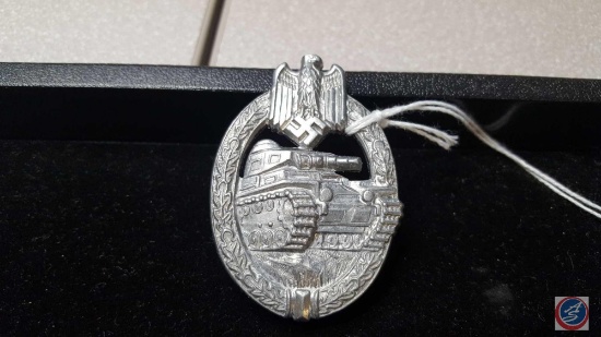 German WWII Army Silver Tank Assault Badge. The front shows a tank in the center with an army eagle