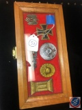 Cased German WWII Military Combat Medal & Buckle Grouping. The oak display case measures 10? wide by