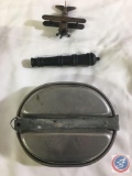 1944 WWII U.S. M.A. Co. Mess Kit [[NO UTENSILS]], Metal Airplane Pencil Sharpener and Cast Iron