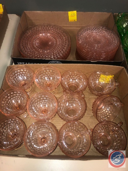 Vintage Pink Depression Glassware Including (6) Cups, (6) Champagne/Dessert Glasses, (13) Saucers