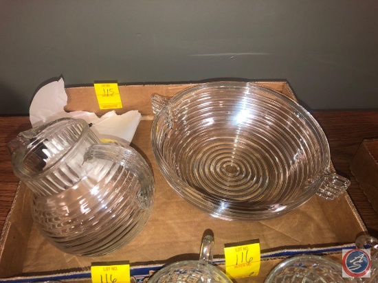 Anchor Hocking Manhattan Depression Glassware Including Handled Bowl and Tilted Pitcher