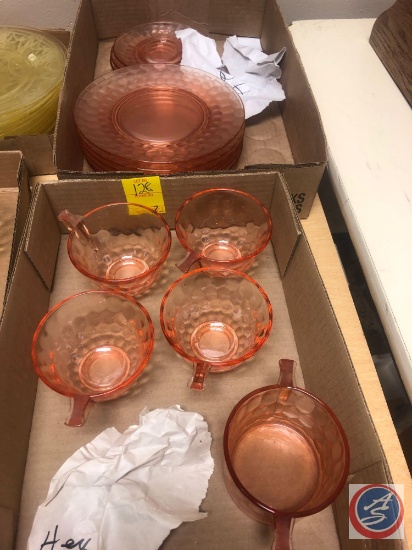 1928-1932 Vintage Jeanette Hex Optic Pink Depression Glassware Including (4) Cups, (3) Saucers, Open