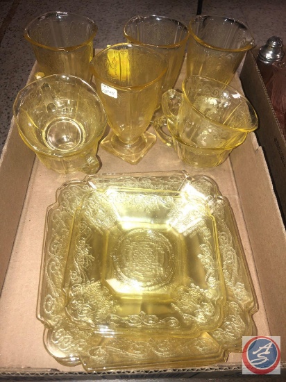 1929-1932 Vintage Indiana Glass Lorain Yellow Basket Depression Glassware Including (4) Cups, (4)