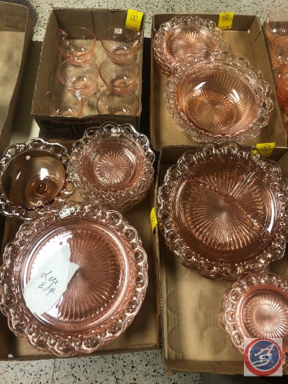 Vintage Pink Laced Edge Glassware Including (6) Cups, (6) Saucers, (5) Bread and Butter Plates,