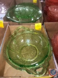 1930-1939 Vintage Jeanette Chery Blossom Green Depression Glassware Including Footed Cake Platter,