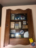 Wooden Hanging Cabinet with Contents Including Medicated Denver Mud, Squibb Epsom Salt, Perrigo's