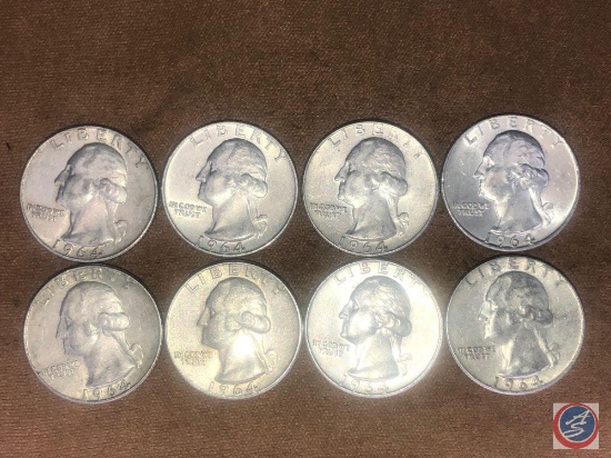 (8) 1964 Denver Mint Washington Quarters