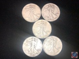 (1) 1943 San Francisco Mint Walking Liberty Half Dollar Coin and (4) 1943 Philadelphia Mint Walking